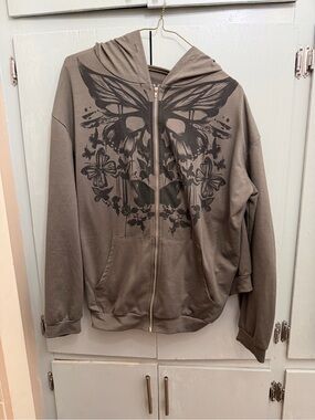 ROMWE Taupe Brown Zip-Up Hoodie with Black Butterfly Graphic